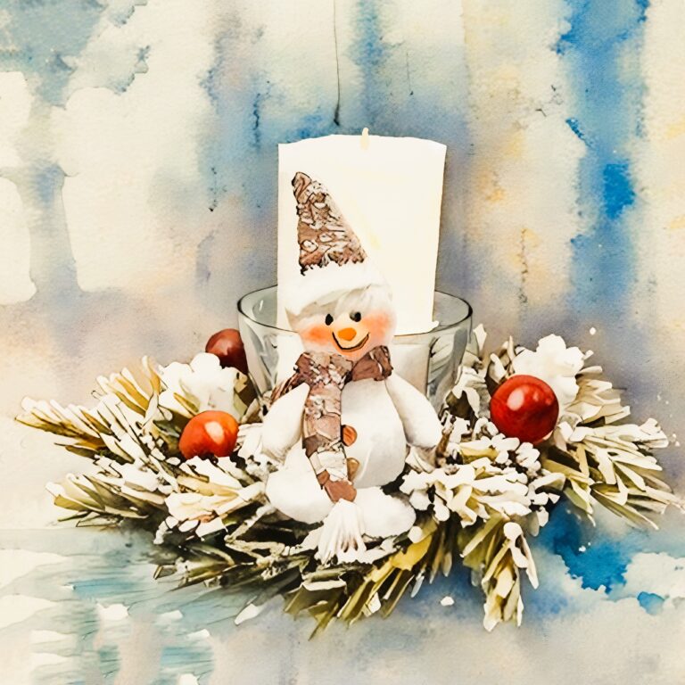 Snowman figurine with a knitted hat and scarf sits on snowy pine branches . Free download.