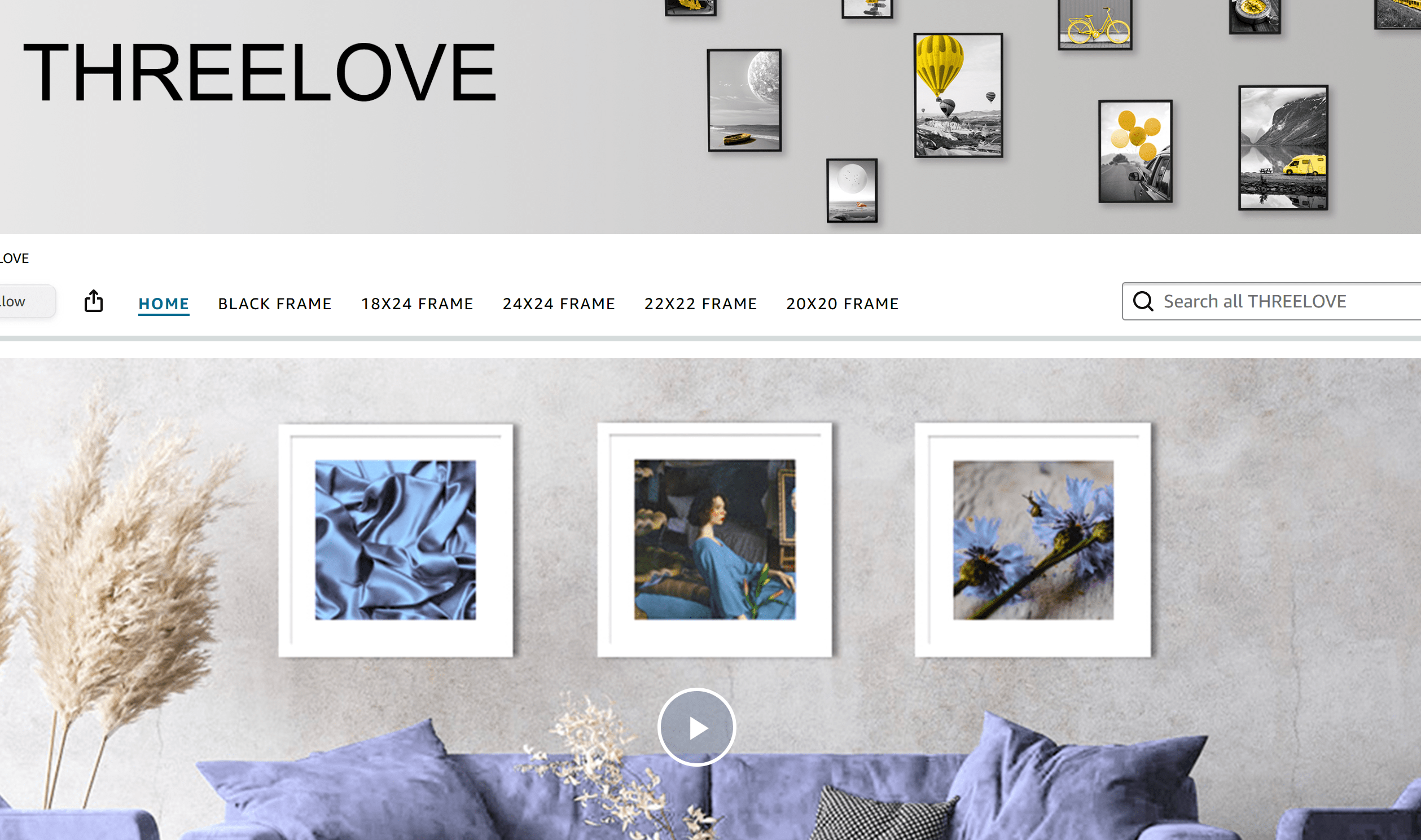 A modern website displays the name THREELOVE, framed wall art images, a search bar, and a gray couch with pampas grass and framed pictures above it.
