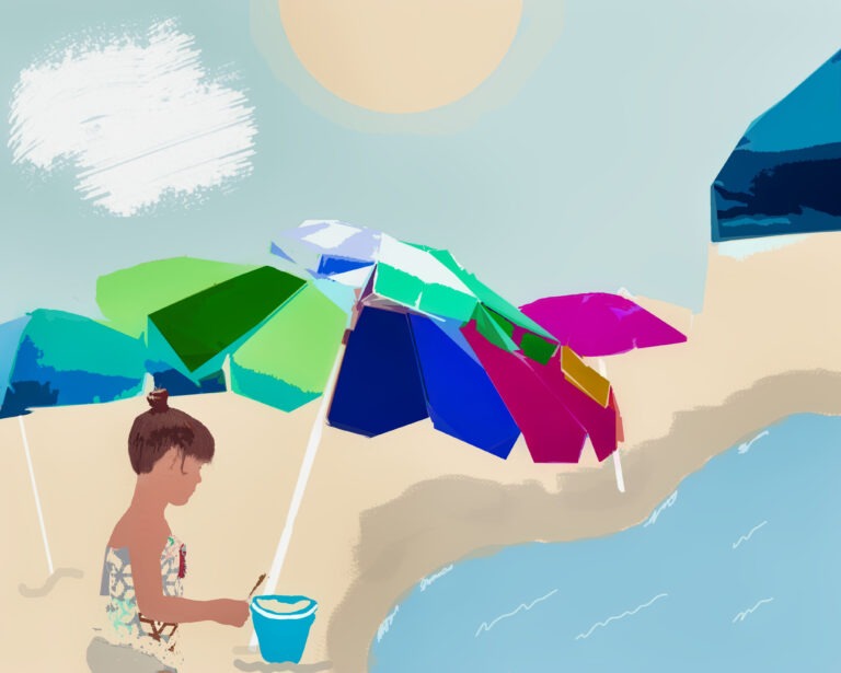 A child sits on a sandy beach near the shore line. A bucket of sand is nearby. Free download.