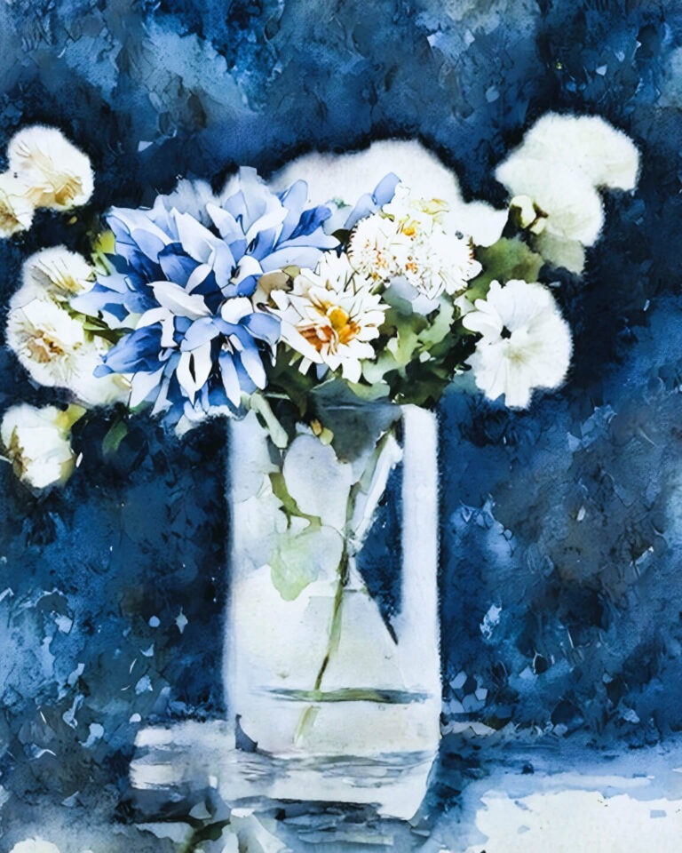 A watercolor-style painting of white and blue flowers in a clear glass vase. Free download.