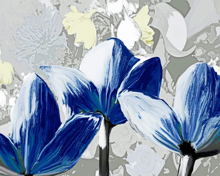 Three flowers with bold, brushstrokes and blue petals. Free download.