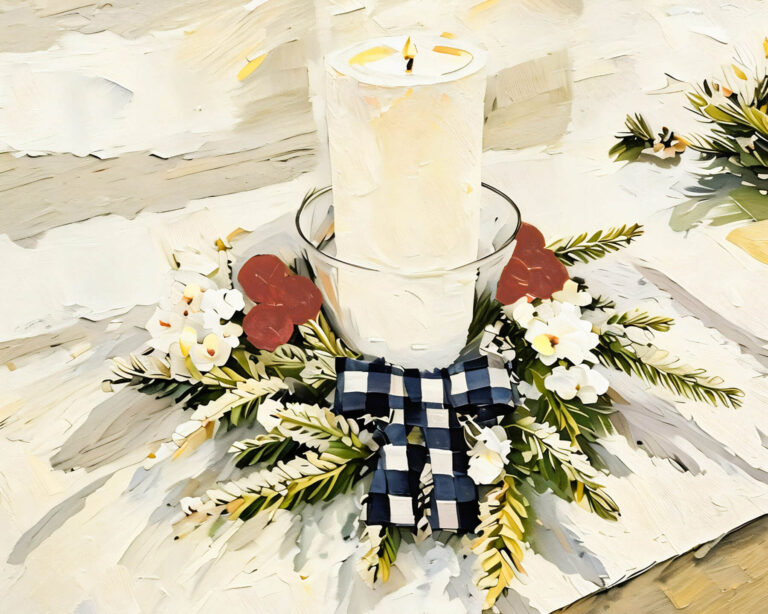 A pillar candle surrounded by red berries, greenery and a bow. Free download.