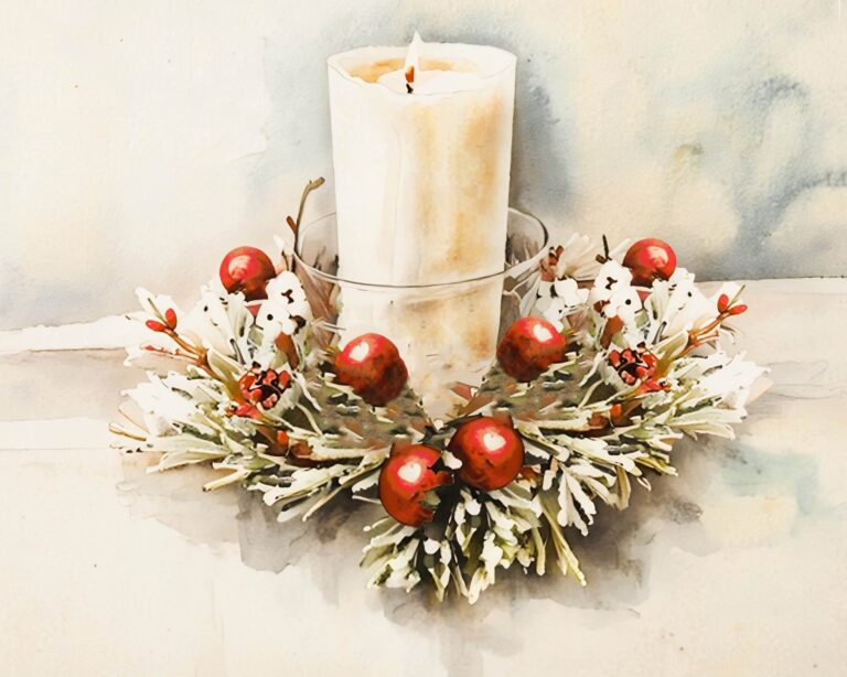Candle in a glass holder and festive red berries. Free download.