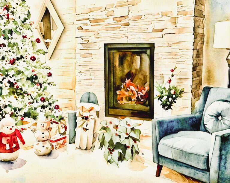 Cozy fireplace, Christmas tree , snow people. Free download.