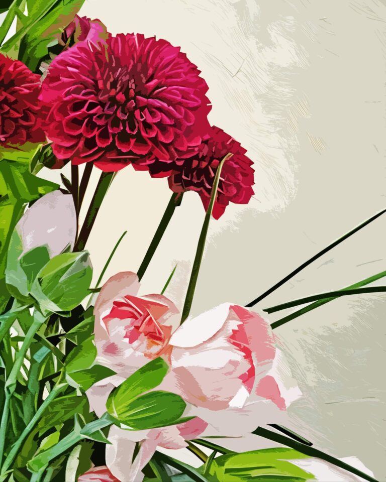 A floral arrangement with deep pink dahlia flowers. Free download.