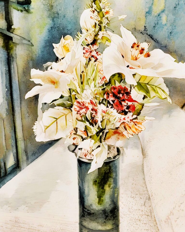 A watercolor-style painting of a bouquet with white lilies and red flowers. Free download.