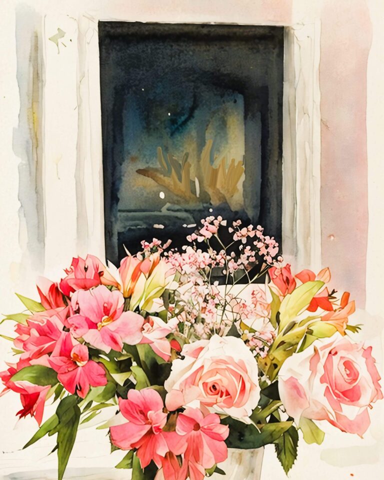 A watercolor painting of a vase filled with pink roses. Free download.