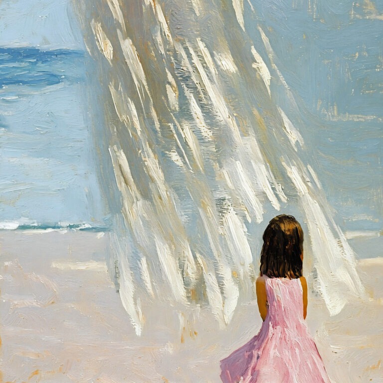 A young girl in a pink dress sits on the beach facing the ocean, with brushstrokes representing sunlight shining down on her. The scene is painted in an impressionistic style. Christian, religious art.