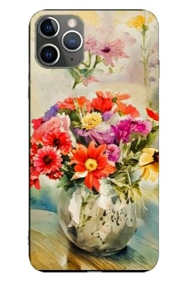 A phone case featuring a colorful illustration of a glass vase filled with assorted vibrant flowers, set against a soft pastel background.