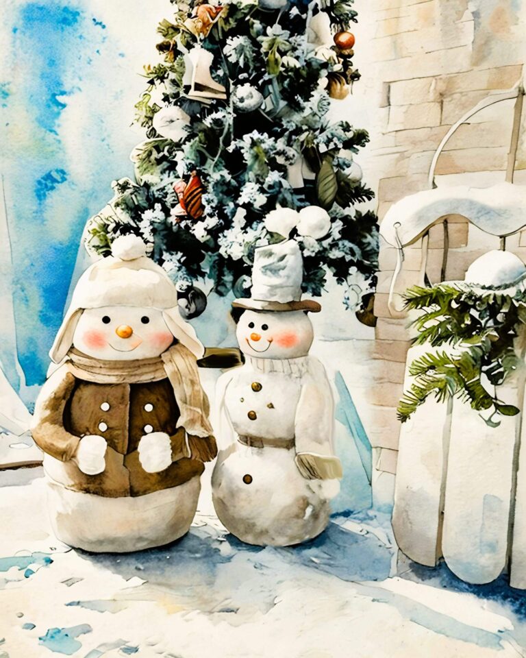 Snowmen pair near Christmas tree. Free download.