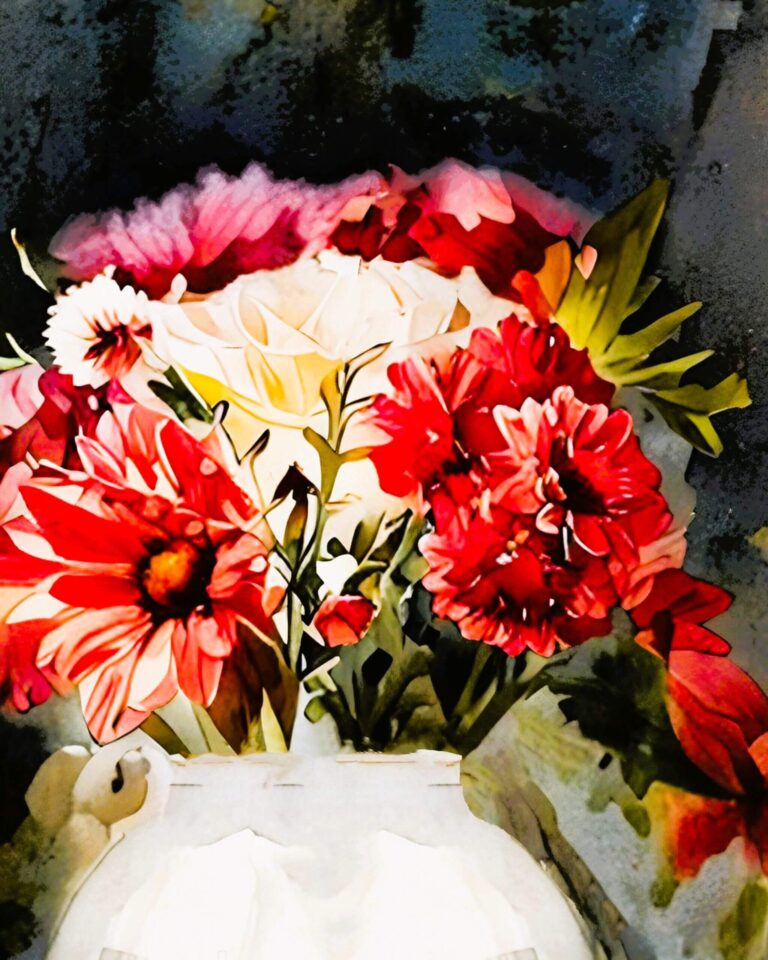 Painting of a white vase holding red, pink, and white flowers. Free download.