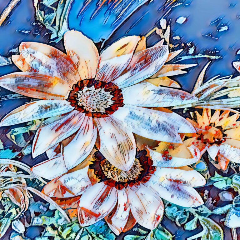 Artistic rendering of white and orange flowers with dark centers, Free download.