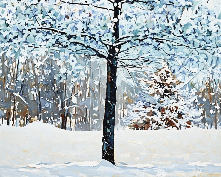 A single tree snowscape. A painted, impressionist style. Free download.