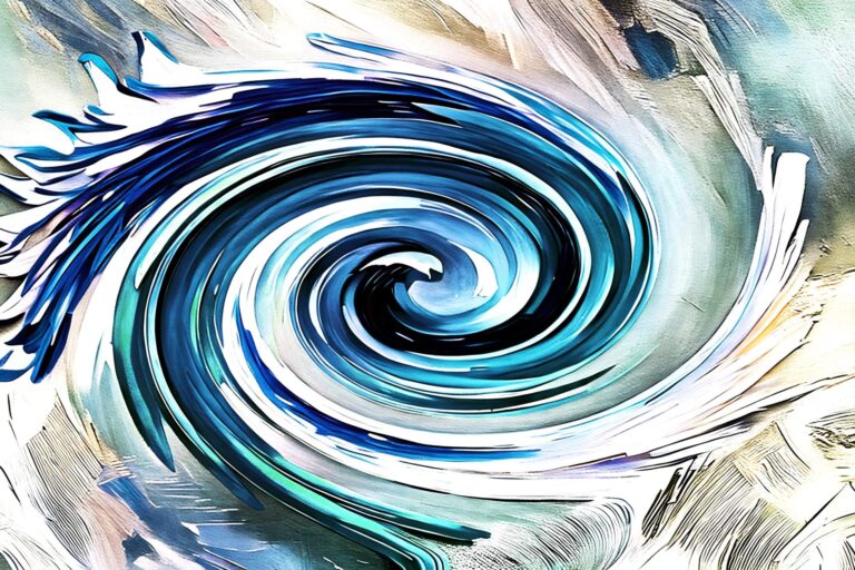 Abstract painting of a swirling vortex with blue, white, and teal brush strokes. Free download.