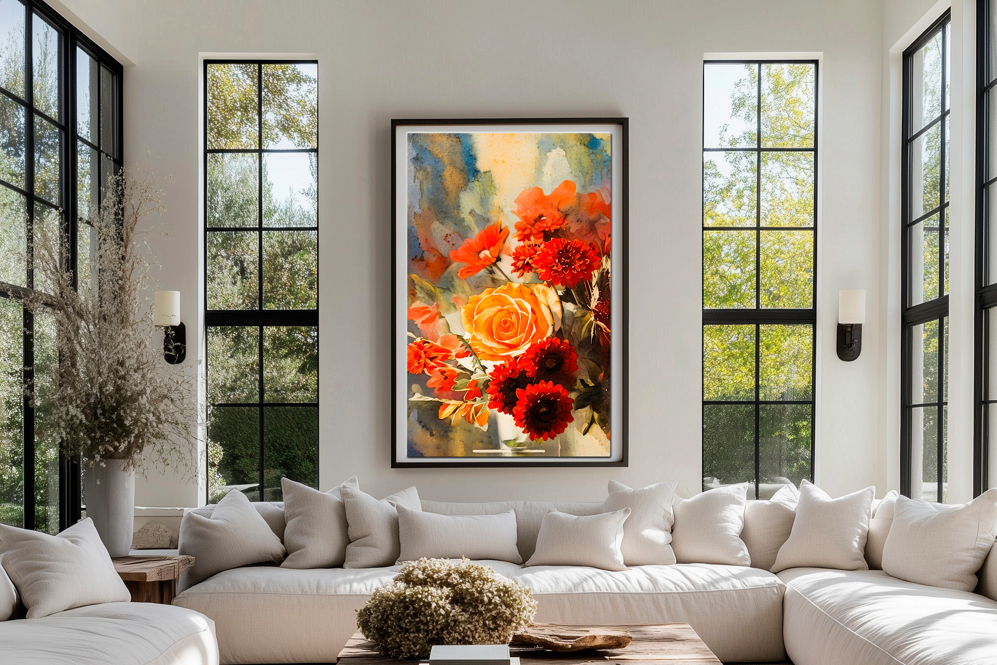 A bright, modern living room with large windows, white sofas, and a coffee table. A vibrant floral painting featuring red and orange flowers hangs on the wall, bringing color to the airy, neutral space.