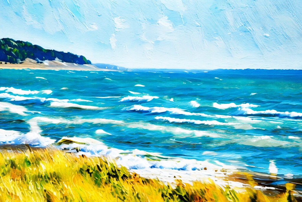 Sunny beach scene with blue waves crashing onto the shore. Sand dunes and coastline. Free downloads