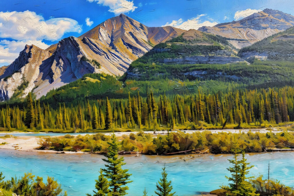 Oil painting of a turquoise river in the foreground backed by a forest of pine trees and jagged, sunlit mountains.